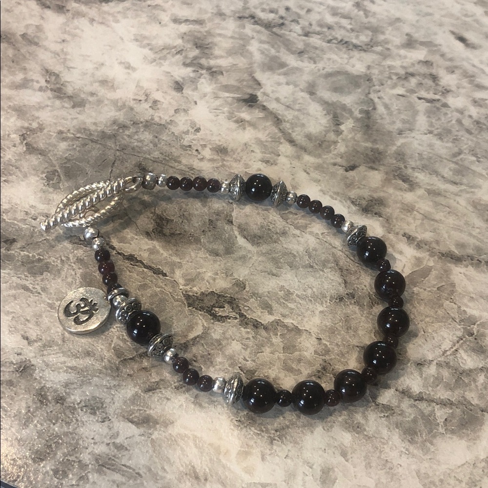 Vintage Garnet Gemstone Beaded Bracelet with Toggle clasp and Om (Aum) Charm.